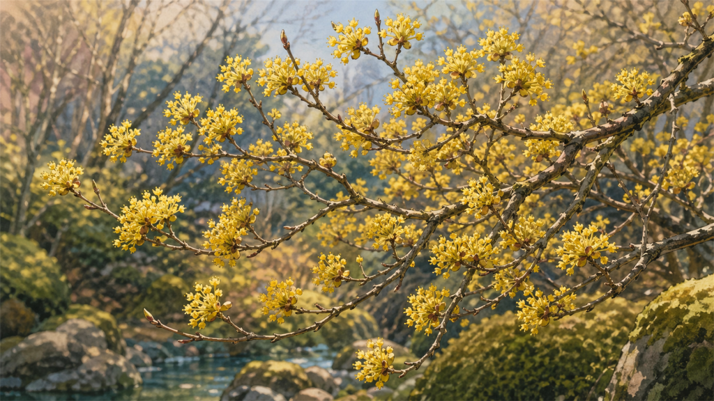 サンシュユ（山茱萸）の黄色い花。3月の茶花として使える枝もの。 