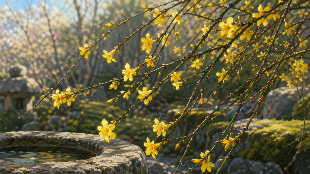 オウバイ(黄梅)の黄色い花。3月4月の茶花として使える枝もの。