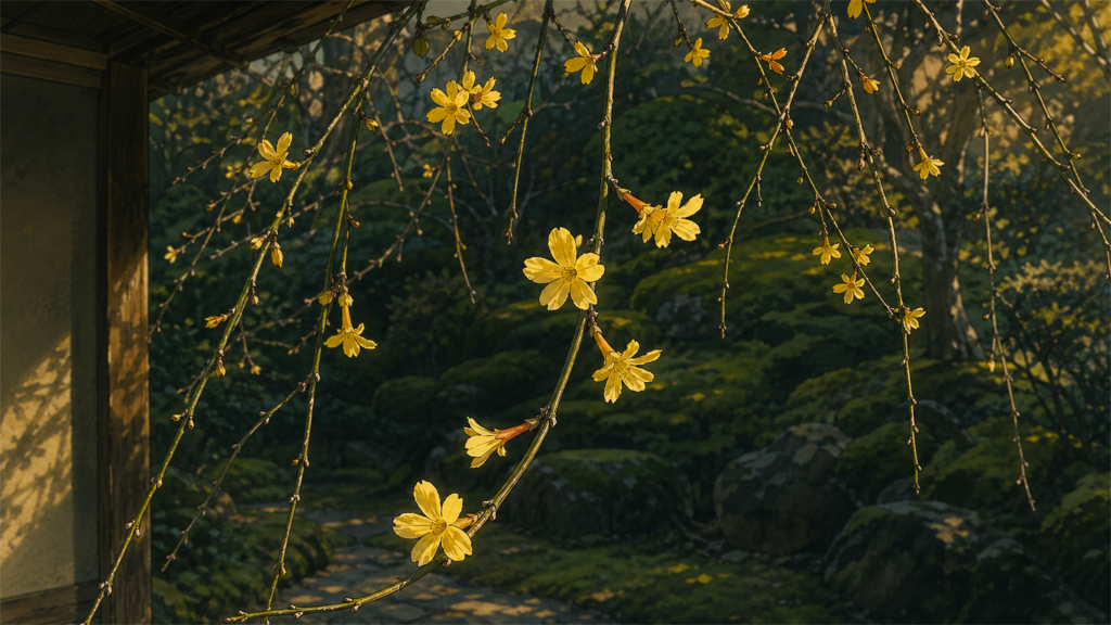 オウバイ(黄梅)の黄色い花。3月4月の茶花として使える枝もの。
