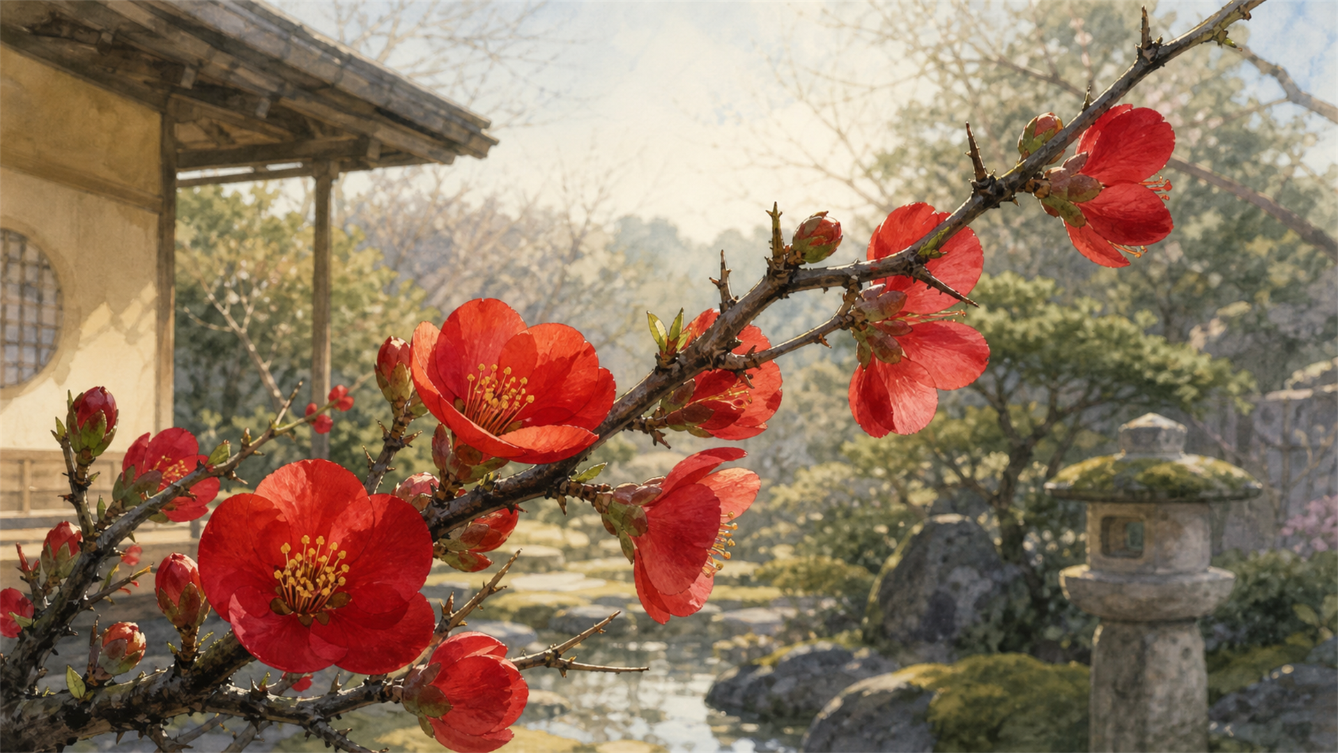 ボケ（木瓜）の朱赤の花と枝ぶり