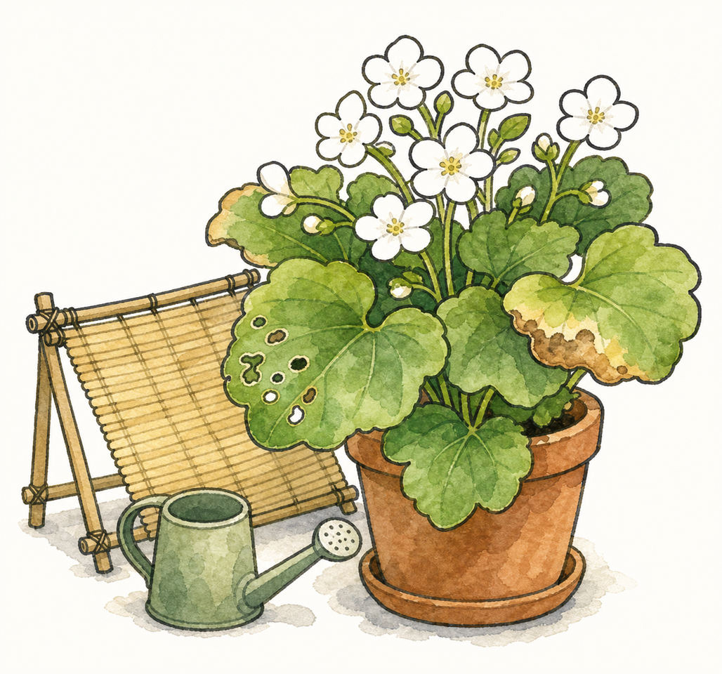 葉焼けと虫食いに注意する鉢花のワンポイントイラスト