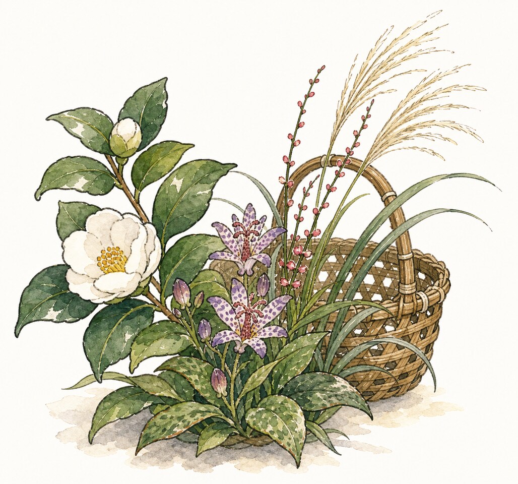 秋から初冬に一緒に見たい茶花のワンポイントイラスト