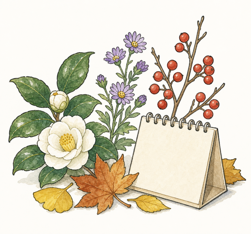 季節の移り変わりと開花時期を示すワンポイントイラスト