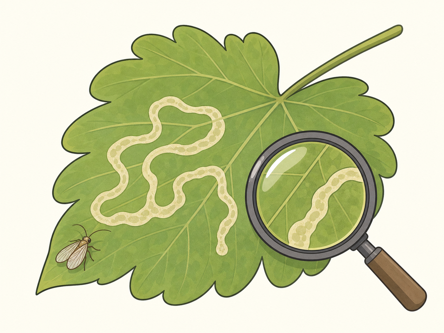 葉に白い筋を作る虫害を虫眼鏡で確認するデフォルメイラスト