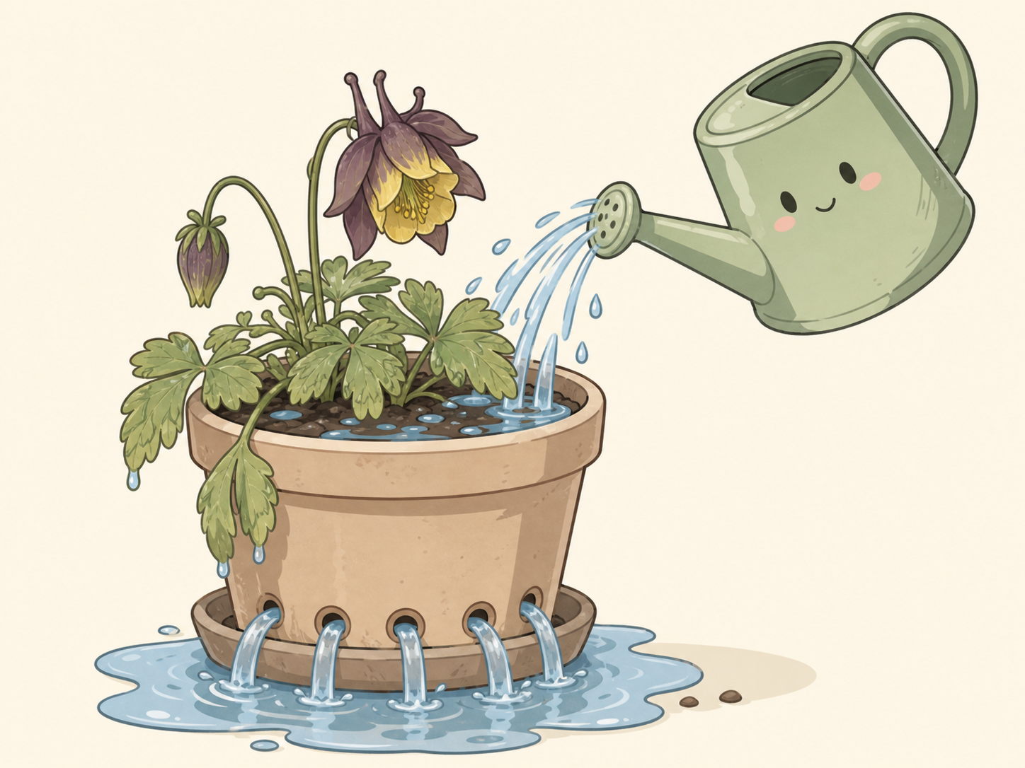 ジョウロで水を与えすぎて鉢底から水があふれるヤマオダマキのデフォルメイラスト
